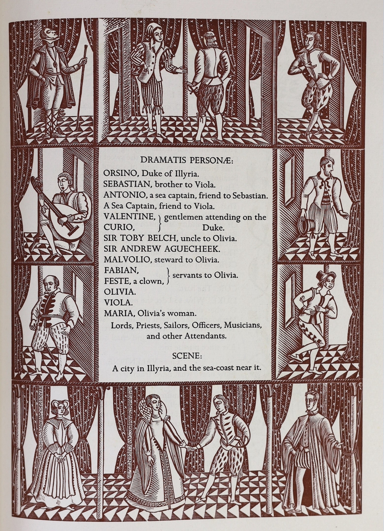 Golden Cockerel Press - Shakespeare, William - Twelfth Night, number 87 of 275, illustrated with 30 wood-engravings, including title, by Eric Ravilious, 4to, half brown morocco by Sangorski and Sutcliffe, bookplate of Wi